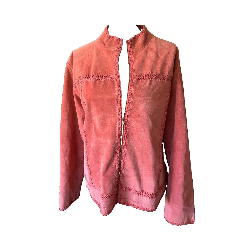 Cabela's Suede Leather Jacket Rose Salmon Color Boho Faire Crochet Accents Lg
